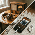 Vintage wooden radio with headphones on a table and smartphone playing Retro Hits with wireless earbuds on a rug