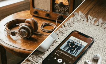 Vintage wooden radio with headphones on a table and smartphone playing Retro Hits with wireless earbuds on a rug