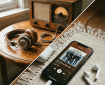 Vintage wooden radio with headphones on a table and smartphone playing Retro Hits with wireless earbuds on a rug