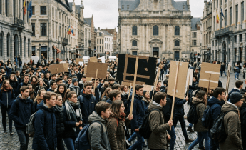 Crowd of students marching with blank placards through a historic city square